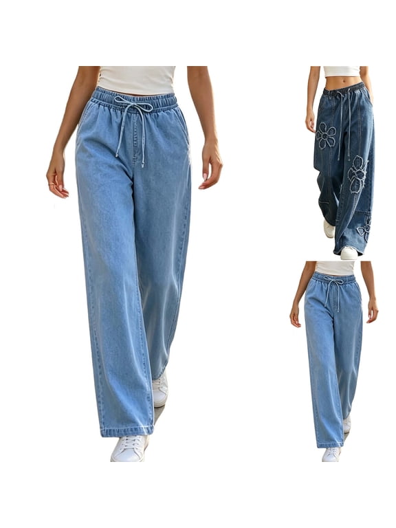Straight Leg Jeans for Women Drawstring Elastic Waist Wide Leg Stretchy Boyfriend Denim Pants Blue S