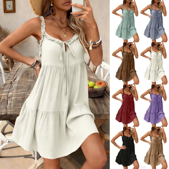 Smsaxvxz Summer Backless Mini Dresses for Women Fashion Solid V Neck Spaghetti Strap Casual Beach Vacation Sundress White S