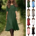 thumbnail image 1 of Smsaxvxz Summer Cotton Line Dress for Women Fashion Solid Round Neck Short Sleeve Elastic Waist Sundress Casual Loose Long Maxi Dress Army Green 2XL, 1 of 9