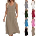 thumbnail image 1 of Smsaxvxz Summer Cotton Line Tank Dresses for Women Fashion V Neck Sleeveless Elastic Waist Casual Maxi Sundress A Line Beach Dress Khaki L, 1 of 5