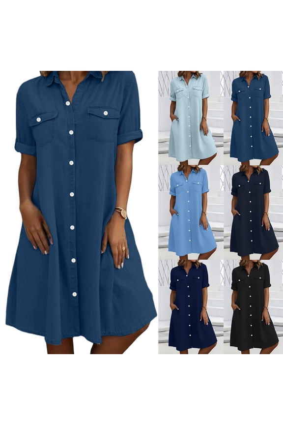 Summer Denim Dresses for Women 2026 Casual Short Sleeve Button Down Shirt Dresses with Pockets Loose Fit Sundress Blue L