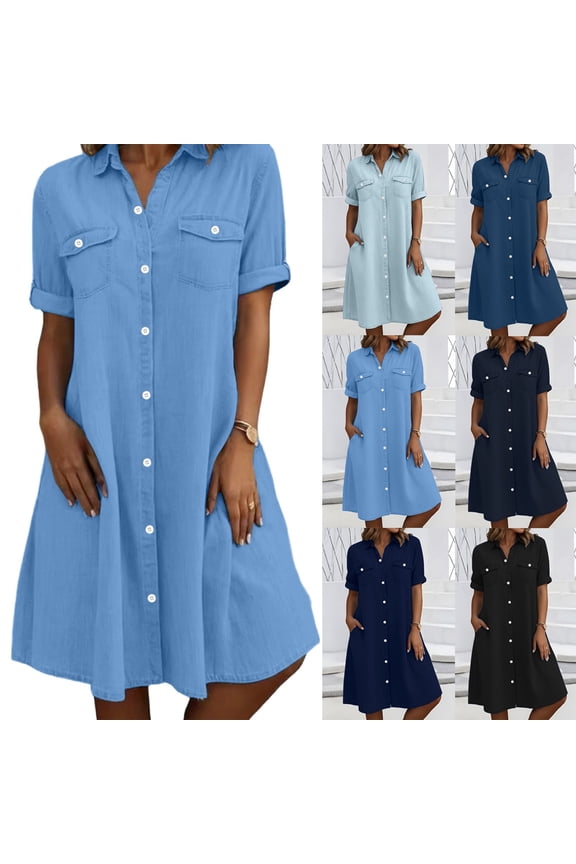 Summer Denim Dresses for Women 2026 Casual Short Sleeve Button Down Shirt Dresses with Pockets Loose Fit Sundress Sky Blue L