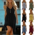 thumbnail image 1 of Smsaxvxz Summer Dresses for Women 2026 Fashion Button V Neck Spaghetti Strap Irregular Ruffle Hem Casual Solid Loose Beach Vacation Mini Sundress Black L, 1 of 7