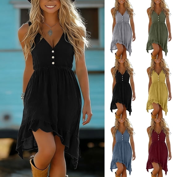 Smsaxvxz Summer Dresses for Women 2026 Fashion Button V Neck Spaghetti Strap Irregular Ruffle Hem Casual Solid Loose Beach Vacation Mini Sundress Black L