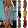 thumbnail image 1 of Smsaxvxz Summer Dresses for Women 2026 Fashion Button V Neck Spaghetti Strap Irregular Ruffle Hem Casual Solid Loose Beach Vacation Mini Sundress Gray XL, 1 of 7