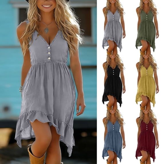 Smsaxvxz Summer Dresses for Women 2026 Fashion Button V Neck Spaghetti Strap Irregular Ruffle Hem Casual Solid Loose Beach Vacation Mini Sundress Gray XL