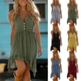 thumbnail image 1 of Smsaxvxz Summer Dresses for Women 2026 Fashion Button V Neck Spaghetti Strap Irregular Ruffle Hem Casual Solid Loose Beach Vacation Mini Sundress Green L, 1 of 7