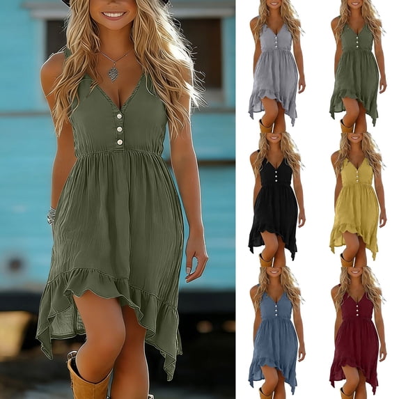 Smsaxvxz Summer Dresses for Women 2026 Fashion Button V Neck Spaghetti Strap Irregular Ruffle Hem Casual Solid Loose Beach Vacation Mini Sundress Green L