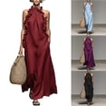 thumbnail image 1 of Smsaxvxz Summer Dresses for Women Fashion Round Neck Sleeveless Ruffle Dress Casual Solid Loose Maxi Sundress Wine L, 1 of 8