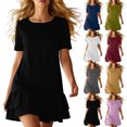 thumbnail image 1 of Smsaxvxz Summer Dresses for Women Fashion Solid Crew Neck Short Sleeve Double Ruffle T-shirt Dress Casual Straight Mini Sundress Black 2XL, 1 of 7