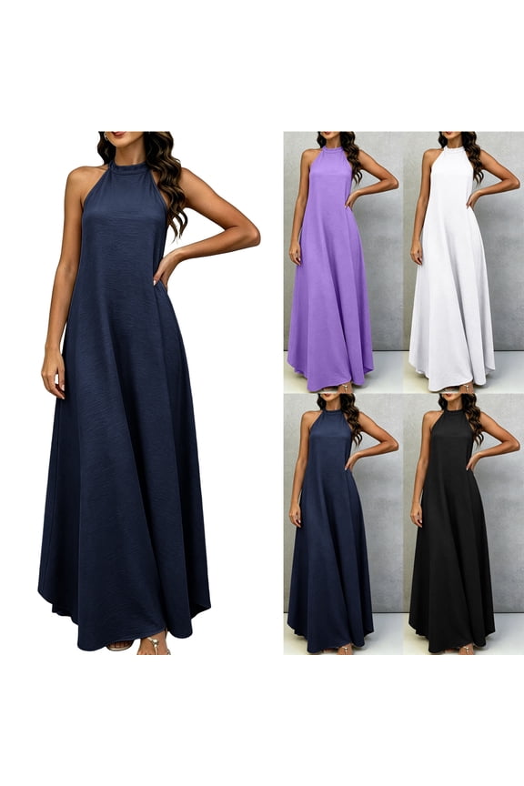 Summer Dresses for Women Fashion Solid Crew Neck Sleeveless Casual Loose Ice Silk Crinkle Flared Maxi Dress Navy S