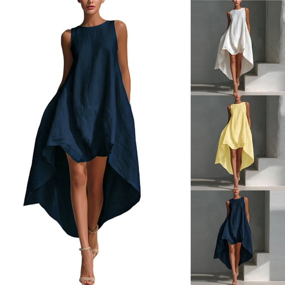 Smsaxvxz Summer Dresses for Women Fashion Solid Crew Neck Sleeveless Flowy Hem Casual Loose Beach Vacation Sundress Blue XL