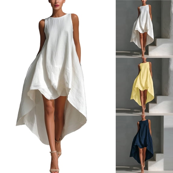 Smsaxvxz Summer Dresses for Women Fashion Solid Crew Neck Sleeveless Flowy Hem Casual Loose Beach Vacation Sundress White XL