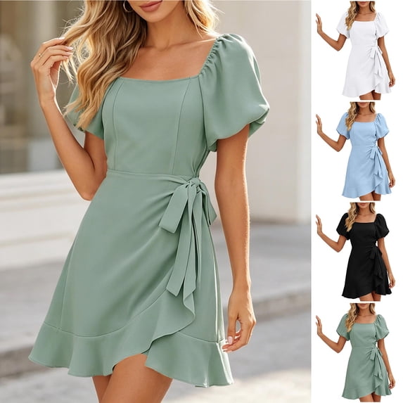Smsaxvxz Summer Dresses for Women Fashion Solid Square Neck Puff Short Sleeve High Waist Ruffle Side Slit Lace Up Mini Sundress Green XL