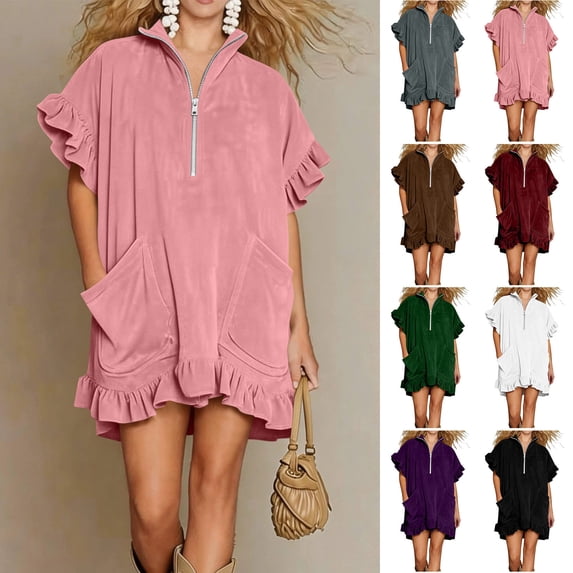 Smsaxvxz Summer Dresses for Women Fashion Solid V Neck Ruffle Short Sleeve Casual Loose Pocket T-Shirt Dress Pink M