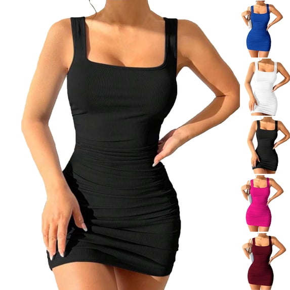 Smsaxvxz Summer Dresses for Women Fashion Square Neck Sleeveless Knitted Basic Bodycon Sundress Casual Solid Mini Dress Black L