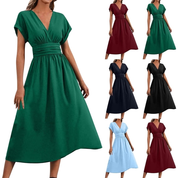 Smsaxvxz Summer Maxi Dresses for Women 2026 Fashion Cross V Neck Bat Short Sleeve Slim Waist Casual Solid Ruffle Flowy Hem Sundress Green L