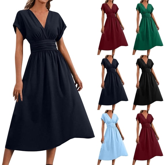 Smsaxvxz Summer Maxi Dresses for Women 2026 Fashion Cross V Neck Bat Short Sleeve Slim Waist Casual Solid Ruffle Flowy Hem Sundress Navy L