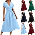 thumbnail image 1 of Smsaxvxz Summer Maxi Dresses for Women 2026 Fashion Cross V Neck Bat Short Sleeve Slim Waist Casual Solid Ruffle Flowy Hem Sundress Sky Blue XL, 1 of 8