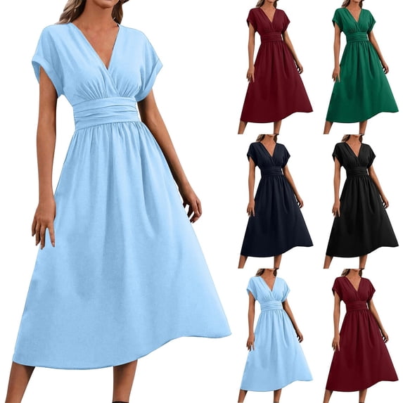 Smsaxvxz Summer Maxi Dresses for Women 2026 Fashion Cross V Neck Bat Short Sleeve Slim Waist Casual Solid Ruffle Flowy Hem Sundress Sky Blue XL