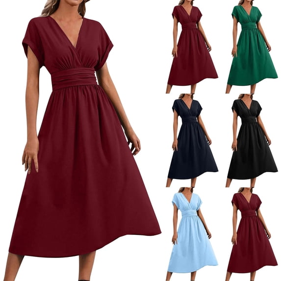 Smsaxvxz Summer Maxi Dresses for Women 2026 Fashion Cross V Neck Bat Short Sleeve Slim Waist Casual Solid Ruffle Flowy Hem Sundress Wine L