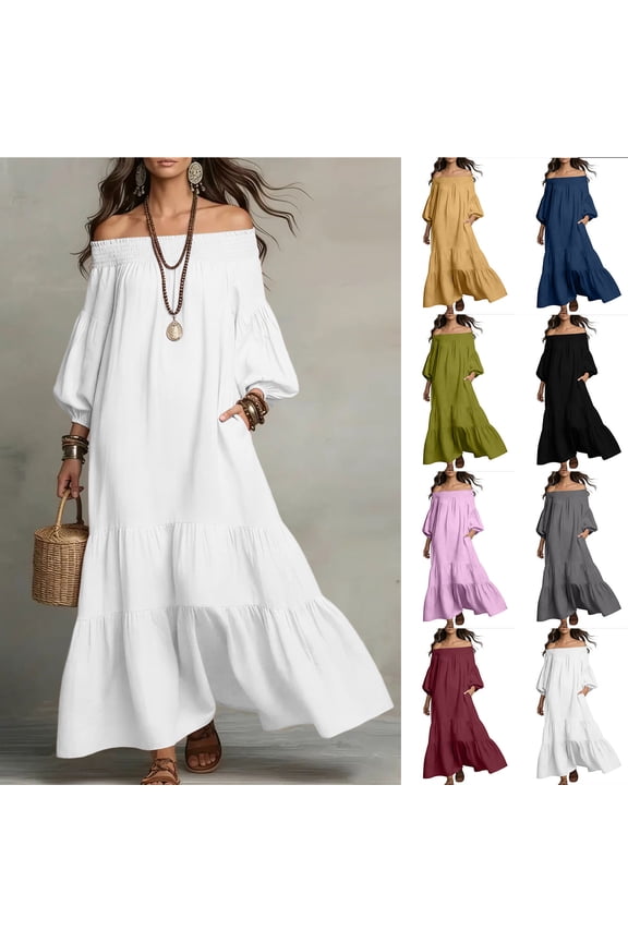 Summer Maxi Dresses for Women Fashion Off The Shoulder Puff Sleeve Casual Loose Symmetrical Beach Sundress with Pockets White XL