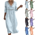 thumbnail image 1 of Smsaxvxz Summer Plus Size Maxi Dresses for Women Fashion Solid V Neck 3/4 Sleeve Hollow Out Casual Loose Flowy Beach Sundress Light Blue S, 1 of 9
