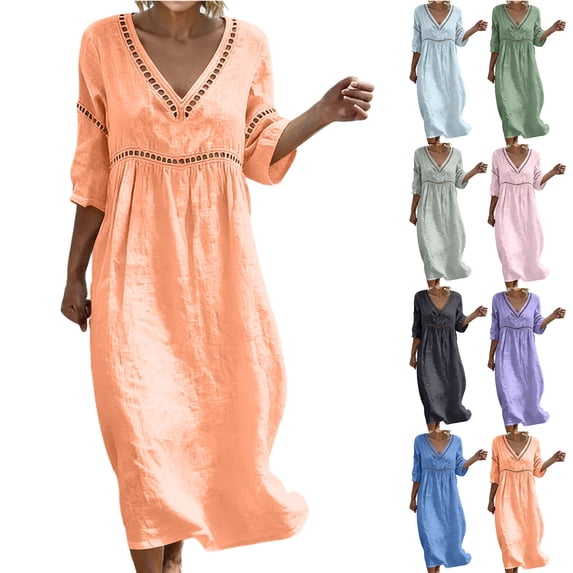Smsaxvxz Summer Plus Size Maxi Dresses for Women Fashion Solid V Neck 3/4 Sleeve Hollow Out Casual Loose Flowy Beach Sundress Orange 5XL