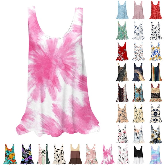 Smsaxvxz Summer Tank Tops for Women Fashion Floral Printed Crew Neck Sleeveless Shirts Casual Loose Blouse Pink S