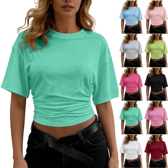 Smsaxvxz Summer Tops for Women Fashion Crew Neck Short Sleeve Side Pleated Shirts Casual Solid Loose Blouse Tops Mint Green M