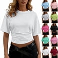 thumbnail image 1 of Smsaxvxz Summer Tops for Women Fashion Crew Neck Short Sleeve Side Pleated Shirts Casual Solid Loose Blouse Tops White L, 1 of 6
