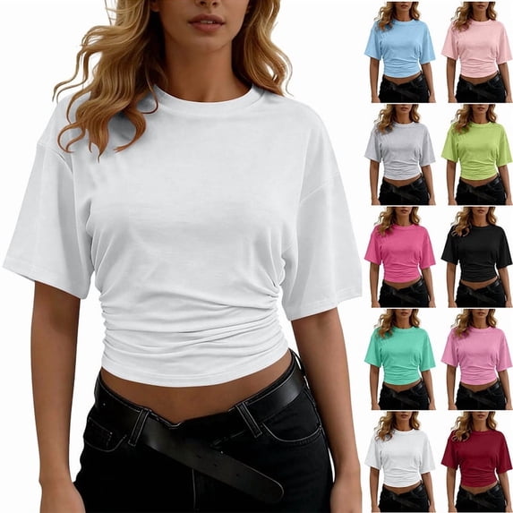 Smsaxvxz Summer Tops for Women Fashion Crew Neck Short Sleeve Side Pleated Shirts Casual Solid Loose Blouse Tops White L
