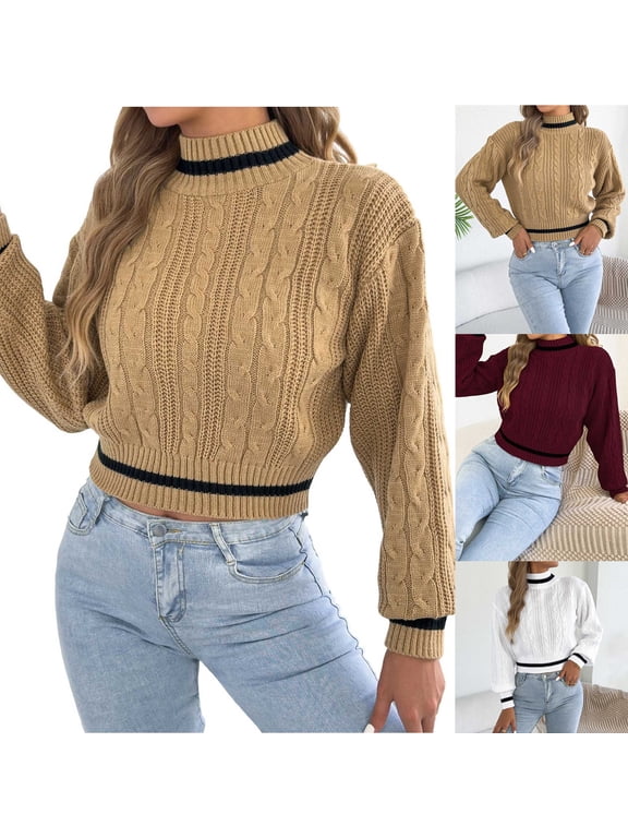 Sweaters for Women Casual Cropped Turtle Neck Long Sleeve Knit Pullover Tops Loose Fit Preppy Sweaters Khaki S