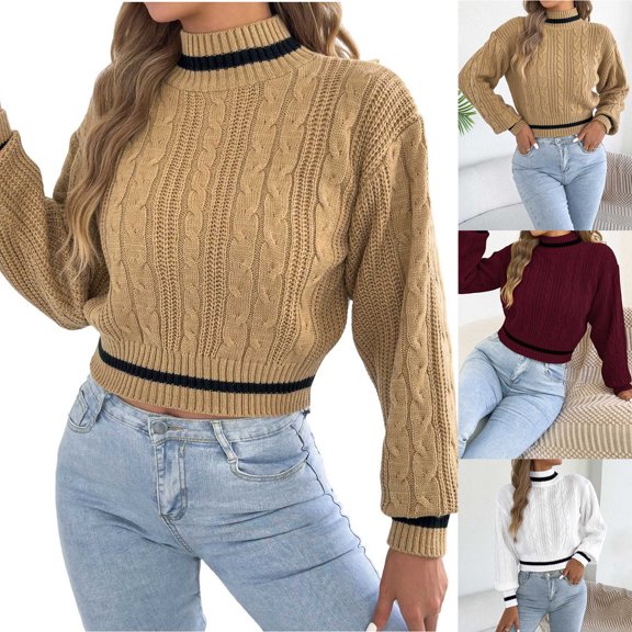 Smsaxvxz Sweaters for Women Casual Cropped Turtle Neck Long Sleeve Knit Pullover Tops Loose Fit Preppy Sweaters Khaki XL