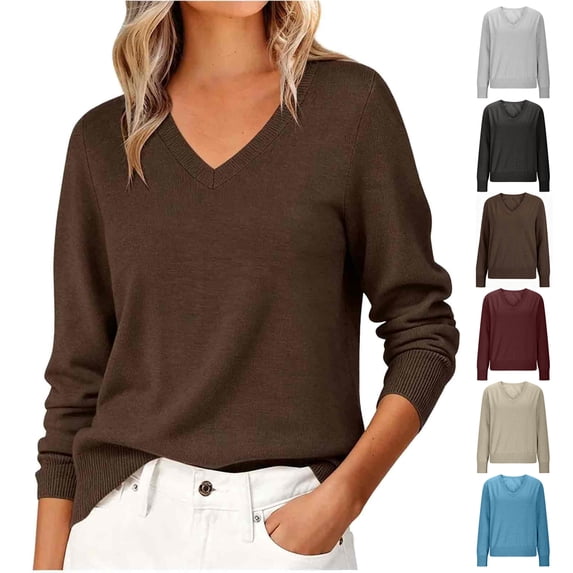 Smsaxvxz Sweaters for Women Fall Fashion V Neck Long Sleeve Soft Loose Knit Winter Pullover Tops Coffee S