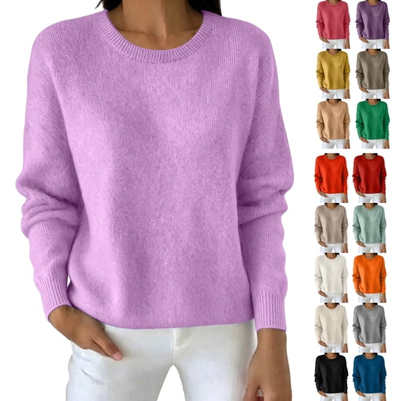 Smsaxvxz Sweaters for Women Fall Winter Fashion Long Sleeve Crew Neck Warm Pullover Tops Loose Casual Knit Sweater Rose Gold L