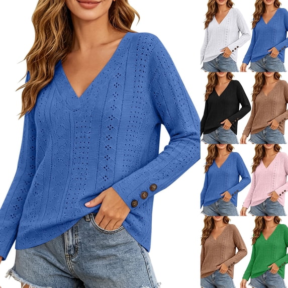 Smsaxvxz Sweaters for Women Lightweight Loose V-neck Long Sleeve Hollow Out Knit Pullover Tops Fall Fashion Blouse Blue L