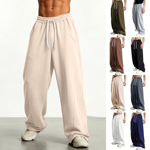 Smsaxvxz Sweatpants for Men Lightweight Elastic Waist Drawstring Jogger Pants Casual Loose Straight Leg Trousers with Pockets Beige XXL