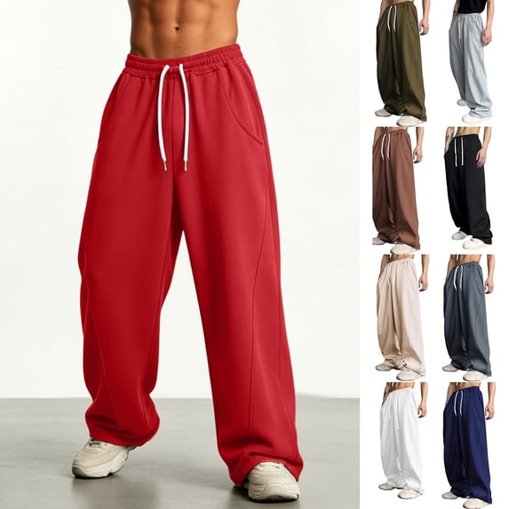 Smsaxvxz Sweatpants for Men Lightweight Elastic Waist Drawstring Jogger Pants Casual Loose Straight Leg Trousers with Pockets Red S