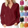 thumbnail image 1 of Smsaxvxz Sweatshirt for Women Casual Solid Henley V-Neck Long Sleeve Pullover with Kangaroo Pocket Wine 2XL, 1 of 9