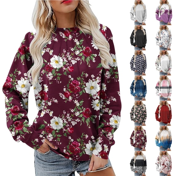 Smsaxvxz Sweatshirt for Women Fall Fashion Flowy Printed Crewneck Long Sleeve Tops Pullover Oversized Clothes Wine M