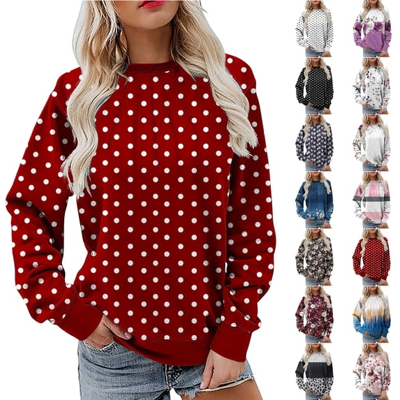 Smsaxvxz Sweatshirt for Women Fall Fashion Polka Dots Long Sleeve Tops Crewneck Pullover Oversized Clothes Red 3XL