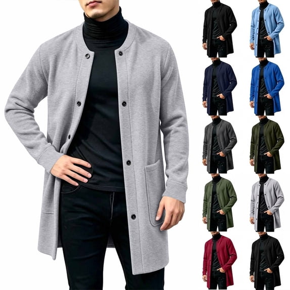 Smsaxvxz Sweatshirts for Men Fall Winter Fashion Mid Length Button Down Cardigan Coat with Pockets Gray XL