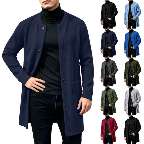 Smsaxvxz Sweatshirts for Men Fall Winter Fashion Mid Length Button Down Cardigan Coat with Pockets Navy M