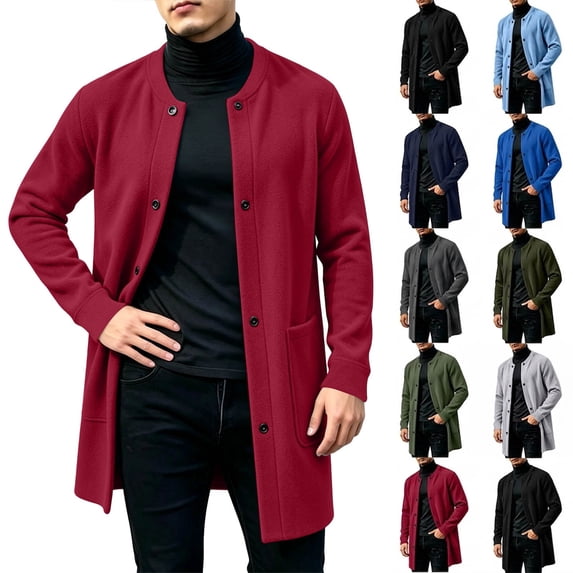 Smsaxvxz Sweatshirts for Men Fall Winter Fashion Mid Length Button Down Cardigan Coat with Pockets Wine L