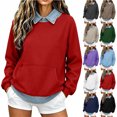 thumbnail image 1 of Smsaxvxz Sweatshirts for Women Fall Fashion Collar And Hem Denim Patchwork Shirts Loose Fit Pullover Tops Red S, 1 of 6