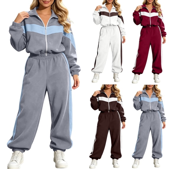 Smsaxvxz Sweatsuits Women 2 Piece Outfit Striped Tracksuit Long Sleeve Zipper Crop Jacket Jogger Sweatpants Set Gray S