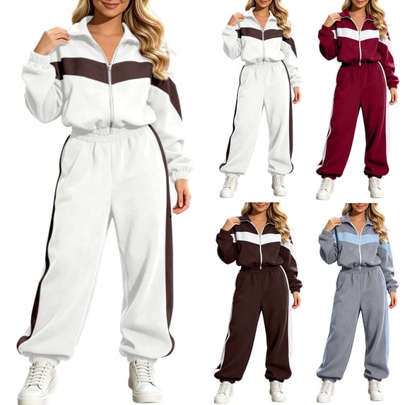 Smsaxvxz Sweatsuits Women 2 Piece Outfit Striped Tracksuit Long Sleeve Zipper Crop Jacket Jogger Sweatpants Set White L