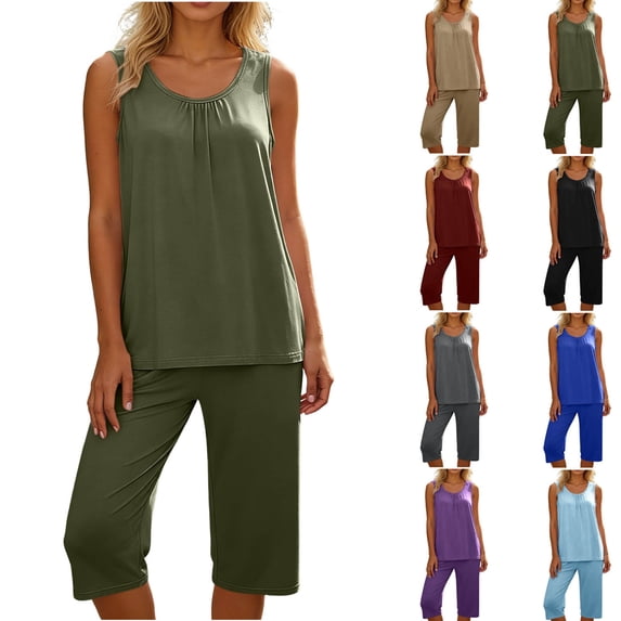 Smsaxvxz Tank Pajamas Set for Women 2 Piece Fashion Pleated Round Neck Sleeveless Tops and Bermuda Shorts Sleepwear Set Army Green 4XL