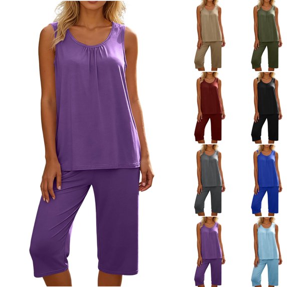 Smsaxvxz Tank Pajamas Set for Women 2 Piece Fashion Pleated Round Neck Sleeveless Tops and Bermuda Shorts Sleepwear Set Purple 5XL